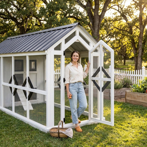 Walk-In Chicken Coop Built for Everyday Functionality, Solid Wood Frame, Metal Roof, Walk-In Access